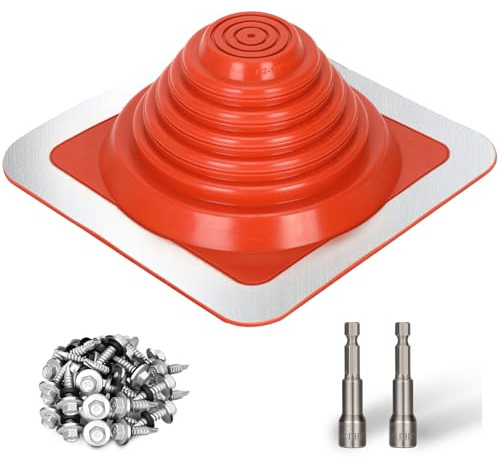 #3 Metal Roofing Pipe Flashing Boot Fits Pipe OD 1/4 to 5 3/4 Wide | Include Flexible High Temp Silicone Chimney Boot, Hex Socket x2, Roofing Screw x50, Square Base Metal Roof Pipe Flashing, Red