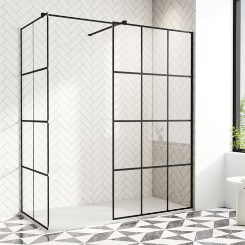 AQUARA Walk-in Shower Enclosure, 900mm x 700mm Shower Screen with 8mm Easy Clean Toughened Glass. Black Grid-Pattern Glass, Support Bar Included, Reversible