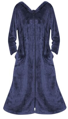 Langer Damen-Bademantel aus Fleece, mit Reißverschluss, weicher gemütlicher Winter-Bademantel, warmer Hausmantel in voller Länge, bequeme Loungewear, ideal für kalte Tage, navy, 48