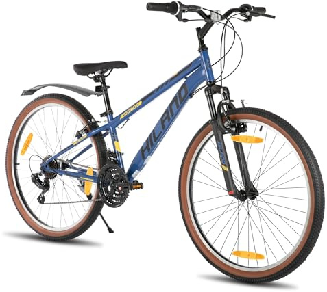 HILAND 26 tums mountainbike för män och kvinnor, 21 växlar mountainbike, höghållfast stålram, V-broms, hardtail MTB för vuxna, blå