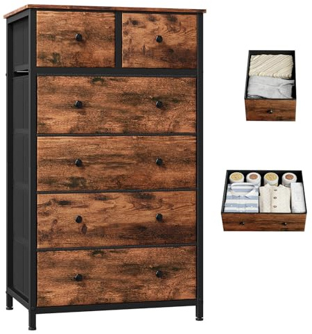 Somdot Kommode für Schlafzimmer, 6 Schubladen, Runde Griffe, Braun
