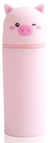 Satiskid Kawaii 2-in-1 Federmäppchen aus weichem Silikon, Wasserdicht & Multifunktional mäppchen, Süßes Schulgeschenk für Kinder, Tischstifthalter mit Reißverschluss, 6,5x19,5 cm (Rosa Schweinchen)