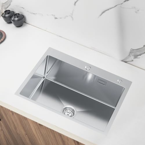 VELAZO. Spülbecken Edelstahl 60x50 cm – Einbauspüle mit Tiefer Kammer, Inox Finish, Einzelbecken mit Überlauf & Armaturloch