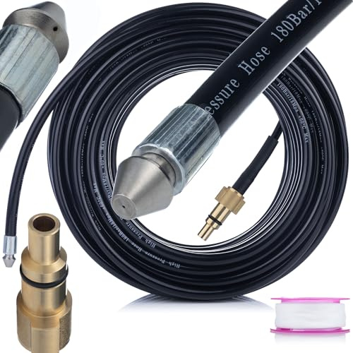 Manguera de limpieza de tuberías de 15 m compatible con Lavor/Parkside – Manguera de limpieza de canales para limpiadores de alta presión | 160 Bares | Quick Connect | Refuerzo de nylon | 1+3 boquilla