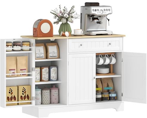 HOMCOM Aparador de Cocina Armario de Cocina Alacena con Estante de Puerta Cajón Puertas Magnéticas Estantes Ajustables Aparador para Comedor 105x40x83 cm Blanco y Roble