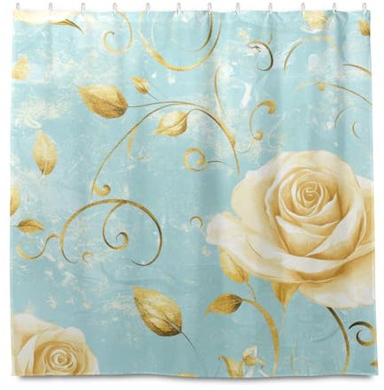 miaozhen Tende da doccia da bagno resistenti all'acqua con gancio rose foglie dorate pastello retrò poliestere resistente lavabile tenda da doccia per bagno ganchos para cortinas de