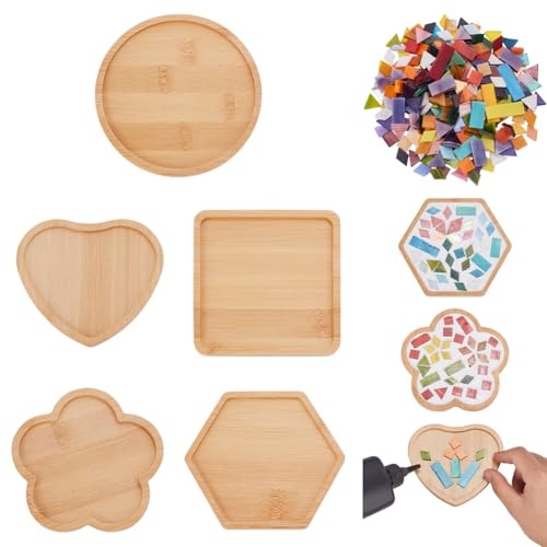 UNICRAFTALE 5 Pezzi Base Mosaico in Vetro 5 Stili Kit Mosaico con Sottobicchiere in Legno per Adulti Substrati di Varie Forme per Sottobicchiere Piastrelle di Vetro Fatti a Mano Artigianato