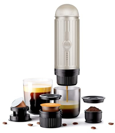 HAILASRE Portable Espresso Maker for Travel & Camping, Self-Heating 3-in-1 Coffee Machine Compatible with Nespresso, Dolce Gusto & Ground Coffee, 19-Bar 7500mAh Cordless Maker with TYPE-C (Gery White)