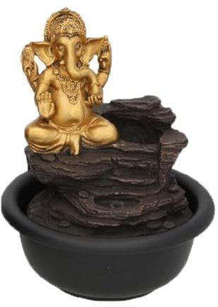 Fuente Decorativa Ganesha, Estilo Zen, Base de Cerámica Negra con Cascada y Figura Dorada, Decoración para Hogar y Oficina