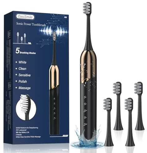 OasiSmile Sonic Electric Toothbrush, 5 Modes, 41000 VPM Powerful Deep Cleaning, Rechargeable Toothbrush with 4 Brush Heads, 3-Hour Fast Charge Lasts 100 Days, IPX7 Waterproof for Home & Travel