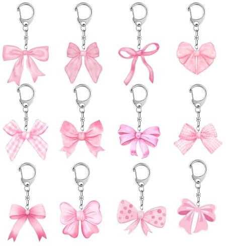 SHOFUL 12 Stück Handy Anhänger Rosa Schleifen-Schlüsselanhänger, Acryl, für Geburtstags-Party-Dekorationen, Geschenke für Kinder, Mädchen, Klassenpreise