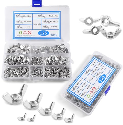 125PCS Metric Wing Nuts Assortment Kit,7 Assorted Sizes M3, M4, M5, M6, M8, M10, M12, Carbon Steel Zinc Plated Parts Butterfly Wing Nut, Wing Nuts Fasteners Hardware Assortment Kit