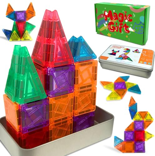 Magnetic Tiles for Kids, 36pcs Portable Travel Magnetic Tiles with Iron box | Magnetic Shapes, Fun STEM Toys for Boys and Girls