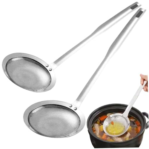 Jorzer 2PCS Fat Skimmer Spoon, Fine Mesh Filter Scoop Stainless Steel, Easy to Clean Grease Strainer with Hanging Long Handle for Kitchen Tool Filter Scoop Stainless Steel