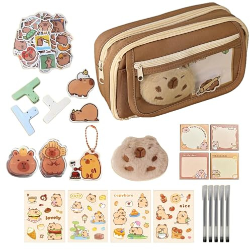 Generisch Federmäppchen Capybara-Druck Capybara Federmappe - 9-Fach Steckfach Mit Stiften/Stickern, Leinwand Schülerset Für Schulbedarf, Inkl. Notizzettel & Schlüsselanhänger Geschenk XL 22x13cm