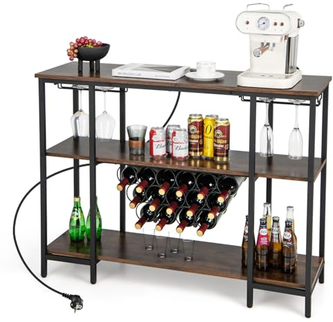 COSTWAY Vinställ med glashållare och hyllor, 3 nivåer flaskhylla med uttag, för 15 vinflaskor, industriellt och fristående vinskåp för hem, kök, bar, 113 x 35 x 85 cm (vintage)