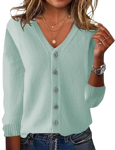 shownicer Gilet Femme Cardigan en Tricot à Manches Longues Gilets avec Boutons Décontracté Cardigan Tricoté Ample Automne Hiver Manteau Chaud A Vert Clair XL