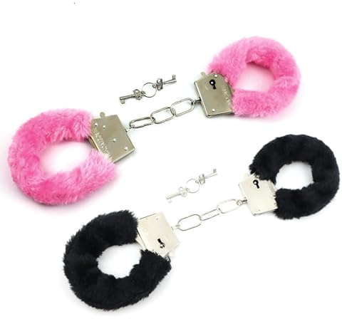 2 Paar Metall Handschellen mit Schlüssel Set Handschellen für Sexspiele Sexy Schwarz Rosa Plüsch Handfesseln Handcuffs for Intime Paare Cosplay Karneval Kostüm Valentinstagsgeschenk