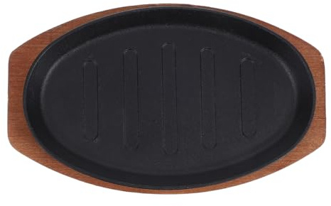 Lurrose Piatto Ghisa Superficie Liscia con Base in Legno per Carne Piastra per Grigliate e Bistecche Facile da Pulire, per Casa e Pesce alla Griglia