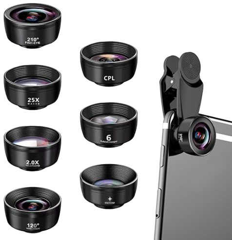HAPPOW 7-in-1 Handy Objektiv, Fischaugenobjektiv 210°, Wide Angle 120°, Makro Objektiv(25x), Portrait Lens (2X), Kaleidoscope, CPL/Star Filter, Compatible with Most Smartphones（mit Klammer）