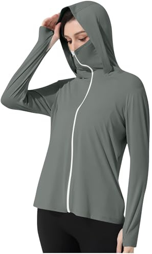 Womens UPF 50+ Sun Protection Fishing Running Hoodie Shirt with Face Mask Cooling Ice Silk Full Zip Athletic Shirt Dark Gray