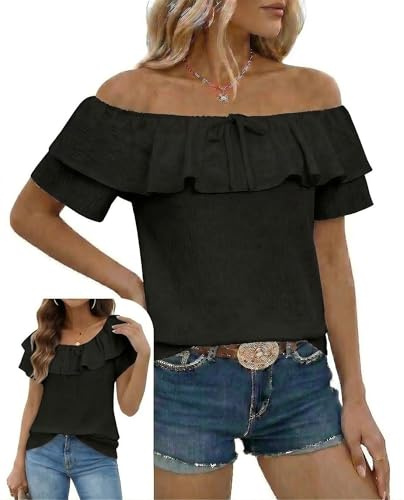 Zilaro Off The Shoulder Tops for Women, Bardot Blouse, Casual Ruffle Short Sleeve Chiffon Top, Summer Holiday Beachwear (UK, Alpha, XL, Regular, Regular, Black)