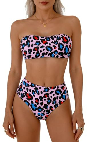 JILLICK Women's High Waisted Bikini Set, Strapless Bandeau Top, Leopard Print 2 Piece Swimsuit with Tummy Control High Cut Bottoms, Quick Dry Stretch Swimwear for Beach Pool Holiday