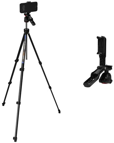 MOJOGEAR Creator GO Video – lätt resestativ med videohuvud – för smartphone och kamera – med integrerad Bluetooth-fjärrkontroll och snabbkopplingsplatta – 153 cm – svart