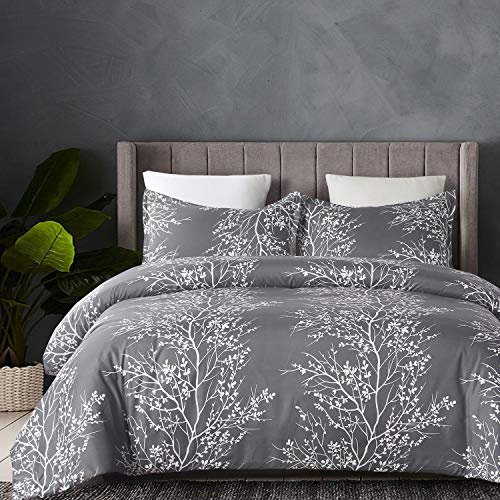 Vaulia Soft Microfiber Duvet Cover King Size, Grey and White Floral Branches Printed Pattern 3-Piece Set (1 Duvet Cover 2 Pillow Shams)