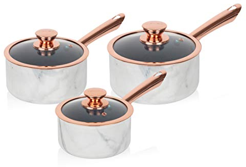 Tower T800061WR 3 Piece Saucepan Set with Infinistone Non-Stick, Tempered Glass Lids, Stainless Steel Handles, 16/18/20 cm, White Marble and Rose Gold, 3 Piece Set