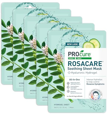 PROcure Rosacare Redness Relief Sheet Face Mask – 5 Pack – Hyaluronic Acid, Licorice Root & Cucumber for Sensitive Skin Hydration & Calming