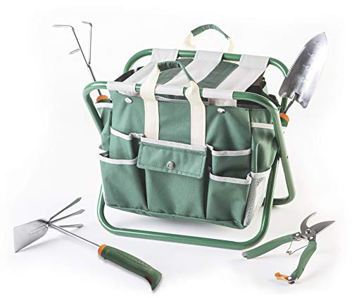 Kit Giardinaggio, 6 pezzi, Con Impugnatura Ergonomica, Borsa Porta Attrezzi, Sgabello Richiudibile, Forbici da Potatura, Zappa Duplice Uso, Trapiantatore, Sarchiatore Coltivatore