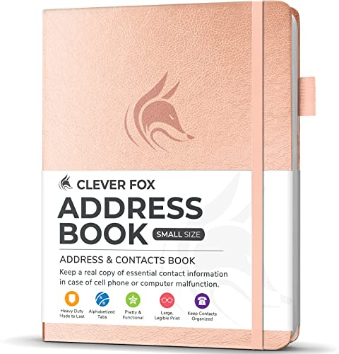 Clever Fox adressbok med alfabetiska flikar – PU-läder telefon och adressbok för att hålla kontakter säkra, kontaktorganiseringsdagbok, liten storlek (10,5 x 14 cm), inbunden, roséguld