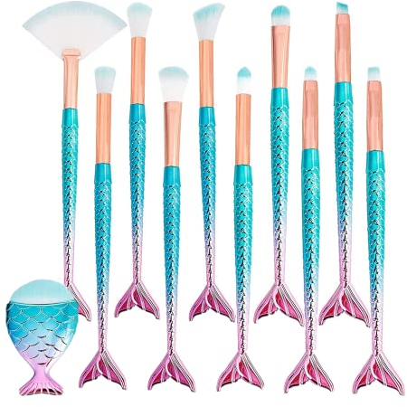 Maquillage Pinceaux Set,3D Brosse à Maquillage en Forme de Sirène 11 Pièces Professionnel Brosses à Cosmétiques pour Fond de Teint, Crème en Poudre, Fard à Joues, Ombre à Paupières