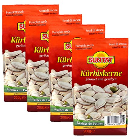 SUNTAT Lot de 4 sachets de graines de citrouille non épluchées et salées (4 x 200 g)