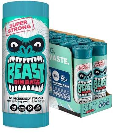 BEAST Bin Bags, 50L Strong, Drawstring, 100% Recycled Plastic (200 Bags) | 20 Rolls, Strong & Leak Resistant, Drawstring Closure, Ideal for Kitchen, Office & Household Waste, Swing Bin Bags