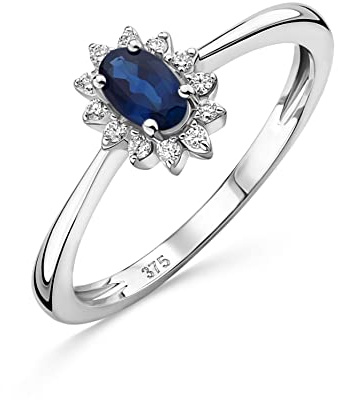 OROVI Schmuck Damen 0.07 Ct Diamant Verlobungsring Blume Weißgold/Gelbgold mit Edelstein/Geburtsstein natürlicher ovaler Smaragd/Saphir/Rubin und 12 Diamanten Brillanten Ring aus 9 Karat (375) Gold