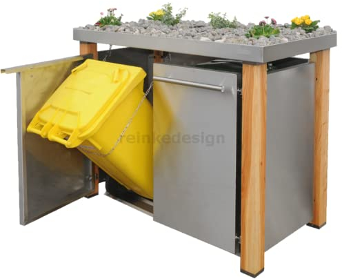 Edelstahl Mülltonnenbox für 2 Tonnen 240L mit Pflanzenwanne und Holzpfosten (HW/22/B), Mülltonnenhaus Mülltonnenverkleidung