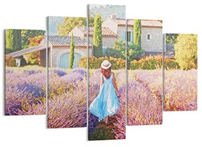 Mehrteilige Bilder auf Leinwand 150x100cm Leinwandbild Boho Heidekraut Frau Groß XXL Wanddeko Bild Schlafzimmer Set 5 teilige Wandbilder Dekoration Wohnzimmer Canvas Wand Kunstdruck Art EA150x100-4420