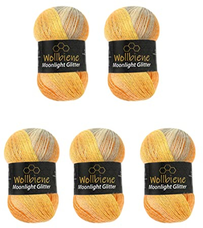 Moonlight Glitter Batik Simli 5 x 100g Strickwolle 500 Gramm Wolle zum Stricken und Häkeln 20% Wolle Metallic-Wolle Farbverlaufswolle Glitzerwolle (4000 orange gelb grau)