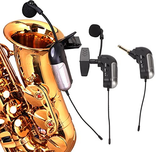 Bewinner Drahtloses Instrumentenmikrofon, Drahtloses Saxophonmikrofon UHF für Musikinstrumente, Lautsprecher, Sprachverstärker, mit Empfängerclip