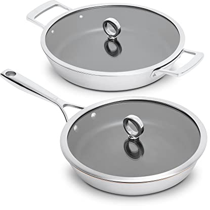 Olavson Pfannenset, Kupferpfanne, Induktion, mit Deckel, Antihaft, PFOA-frei, Keramik verstärkt, Pfanne beschichtet, Bratpfanne, Spülmaschinenfest, Edelstahl (20cm Stielgriff | 26cm Servierpfanne)