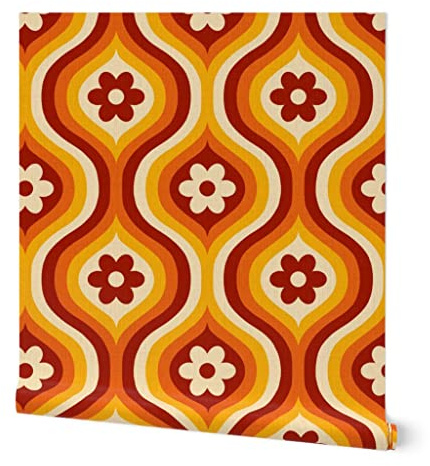 Spoonflower Peel & Stick Wallpaper Swatch - 70S Groovy Daisy Ogee Yellow Flowers Red Retro Orange Geometric Custom Removable Wallpaper