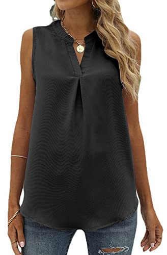 Coloody Femmes Col en V débardeur Blouses Mousseline de Soie sans Manches Tee Shirt Haut été Chemisiers Tops-Noir-XL