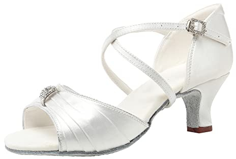 SWDZM Scarpe da Ballo Latino Americano Donna in Raso Scarpe Ballo Salsa da Sala,3037-Bianco,Tacco 5cm,34 EU