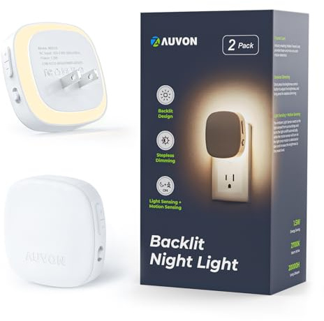 AUVON Plug-in LED Backlit Night Light with Motion Sensor & Dusk to Dawn Sensor, Dimmable Warm White Nightlight with 1-50 lm Adjustable Brightness for Bathroom, Bedroom, Hallway, Stairs (2 Pack)