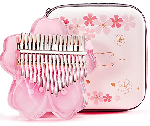 21 Tasten klar Kalimba Daumenklavier Komplettpaket, Sakura Shape Transparent Crystal Kalimba 17 Key mit EVA-Schutzhülle, Professionelle Musikinstrumente (PINK17KEYS)