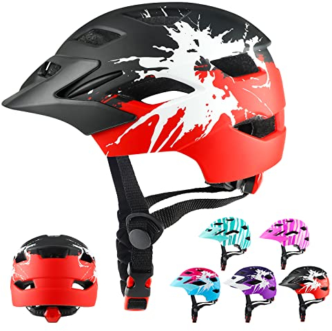 RaMokey Fahrradhelm Kinder, Fahrradhelm mit Licht für Kinder Leichter Kinderhelm mit Verstellbares Zifferblatt für Mädchen und Jungs 50-56CM (ab 5-14Jahre) (Schwarz+Rot)