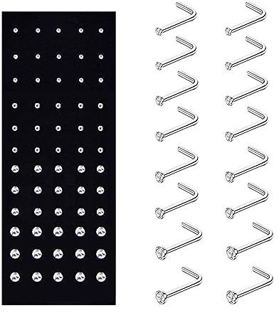 Aroncent 20 g kirurgiskt stål piercing kropp näsa – 60 stycken kroppssmycken set piercing näsbult L-form näsa piercing kristaller, Rostfritt stål