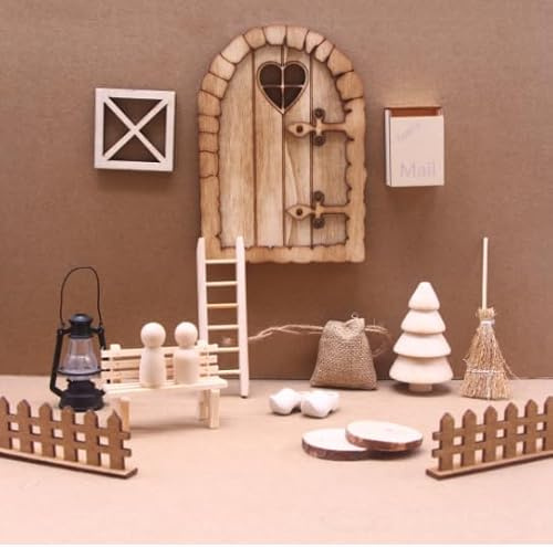 Ensemble de porte lutin de Noël - 27 pièces - Accessoires de porte de lutin miniature - Porte de Noël - Lutin de Noël - Porte en bois - Avec boîtes aux lettres miniatures, clôtures, échelle, bottes